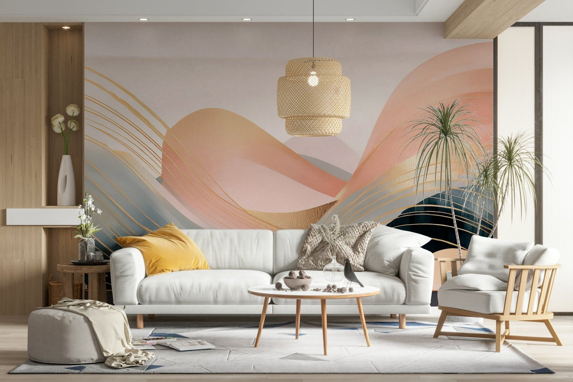Boho Dreamtime waves mural for modern interiors.

