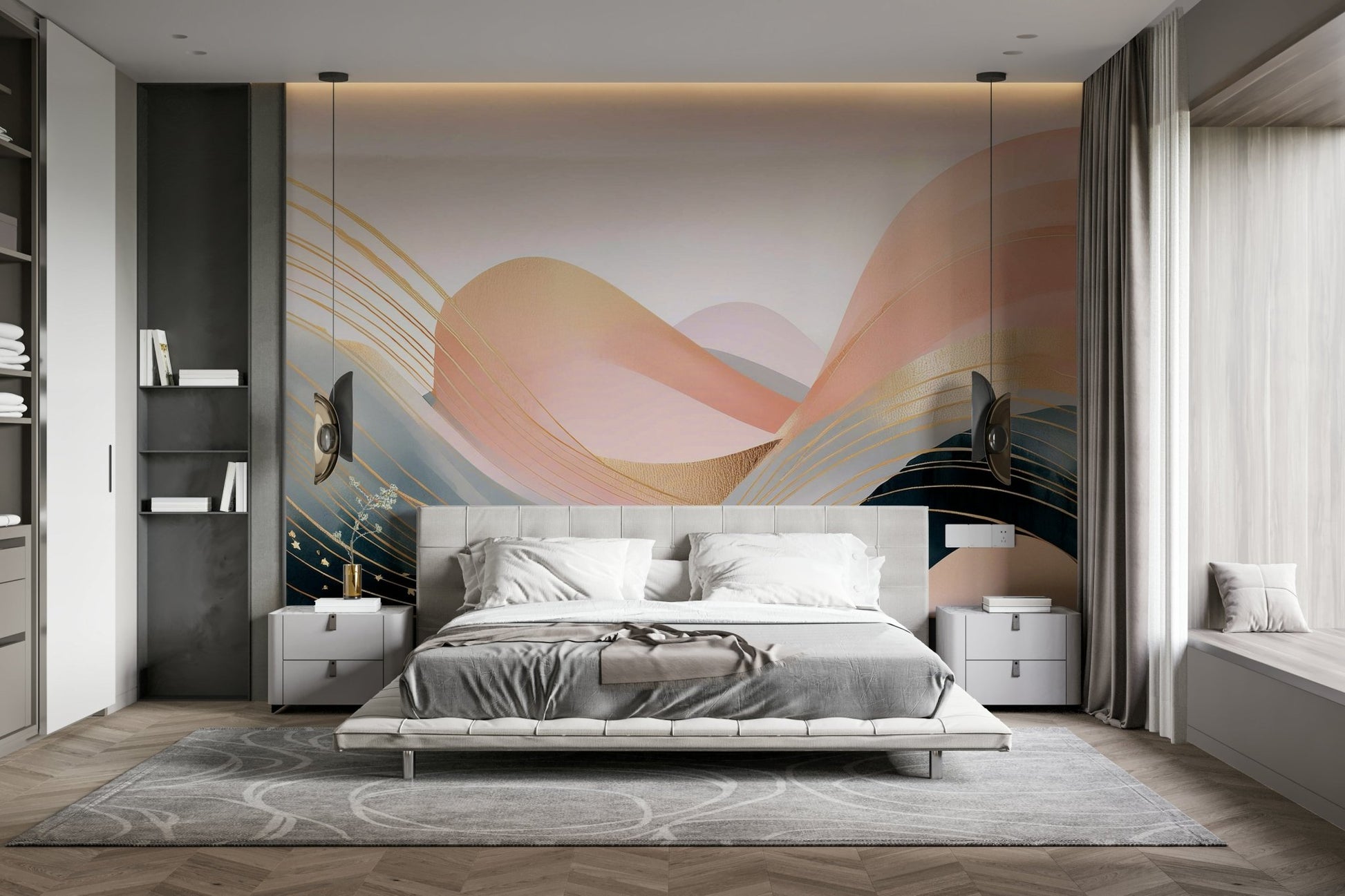 Artistic boho waves wall mural for calming spaces.

