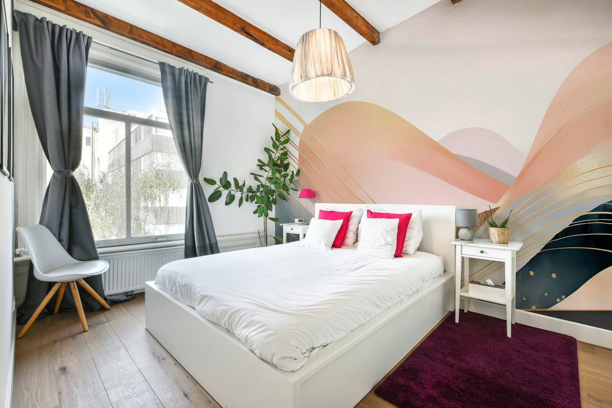 Boho-inspired Dreamtime waves wall mural for bedroom.

