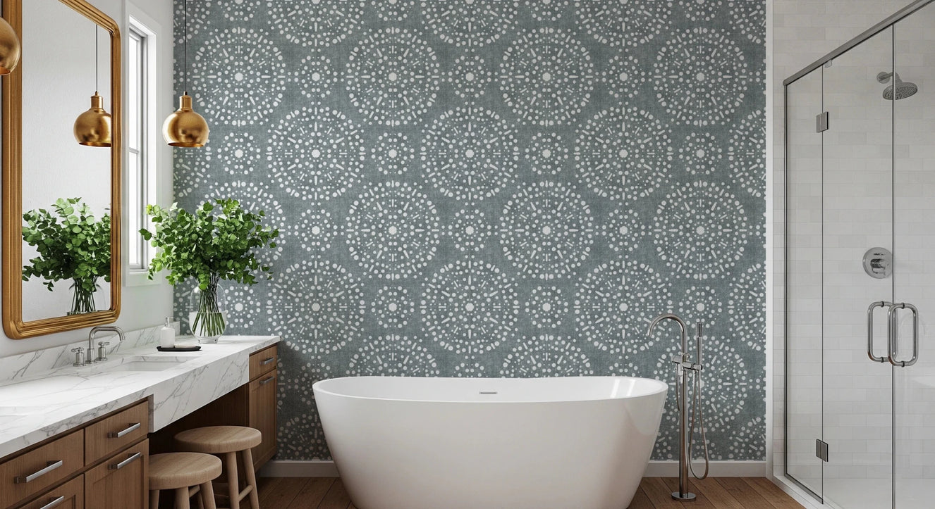 Bedroom wall with Calming Blue Wallpaper radial dotted design