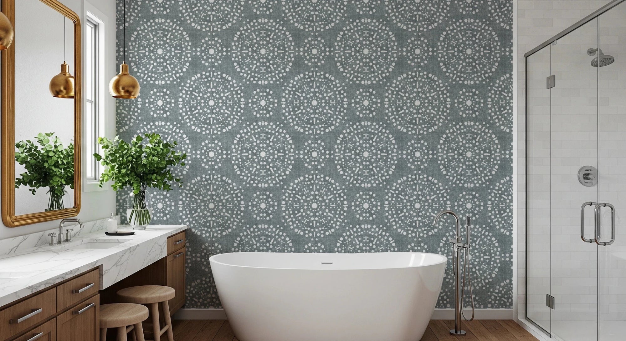 Bedroom wall with Calming Blue Wallpaper radial dotted design, GD8479