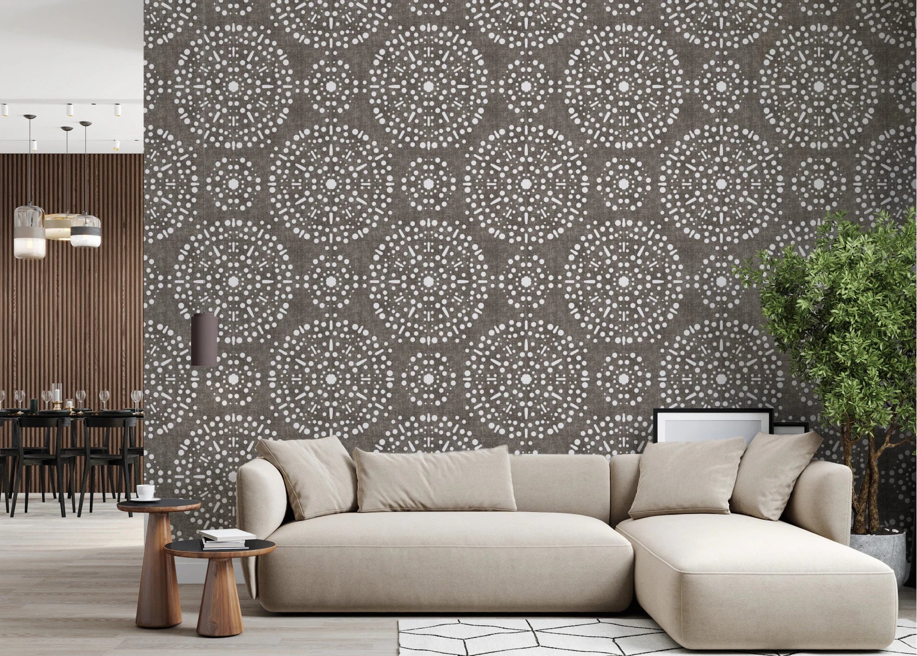 Living room with Boho Fireworks Wallpaper in rich bark brown, GD8480