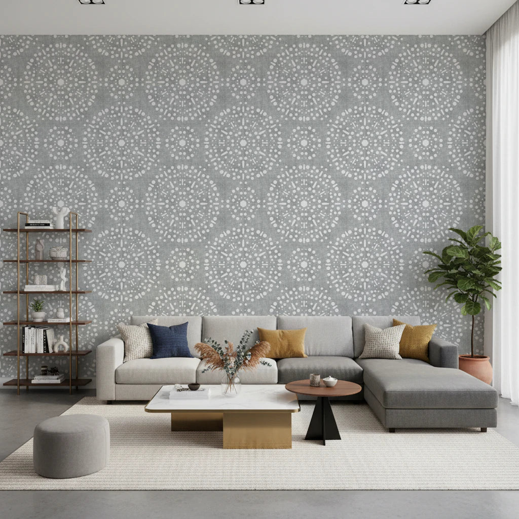 Soft Grey Clouds living room Wallpaper with Boho Fireworks burst pattern