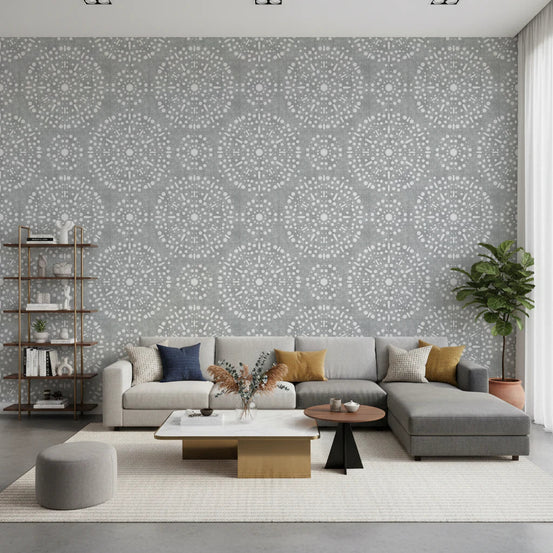 Soft Grey Clouds living room Wallpaper with Boho Fireworks burst pattern, GD8482