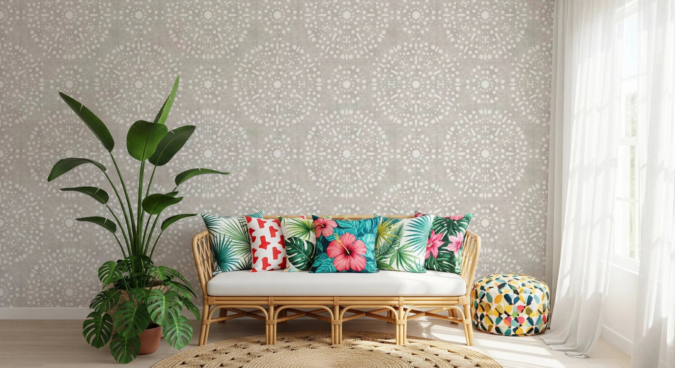 Radial Boho Fireworks Wallpaper in soft neutral grunge tone