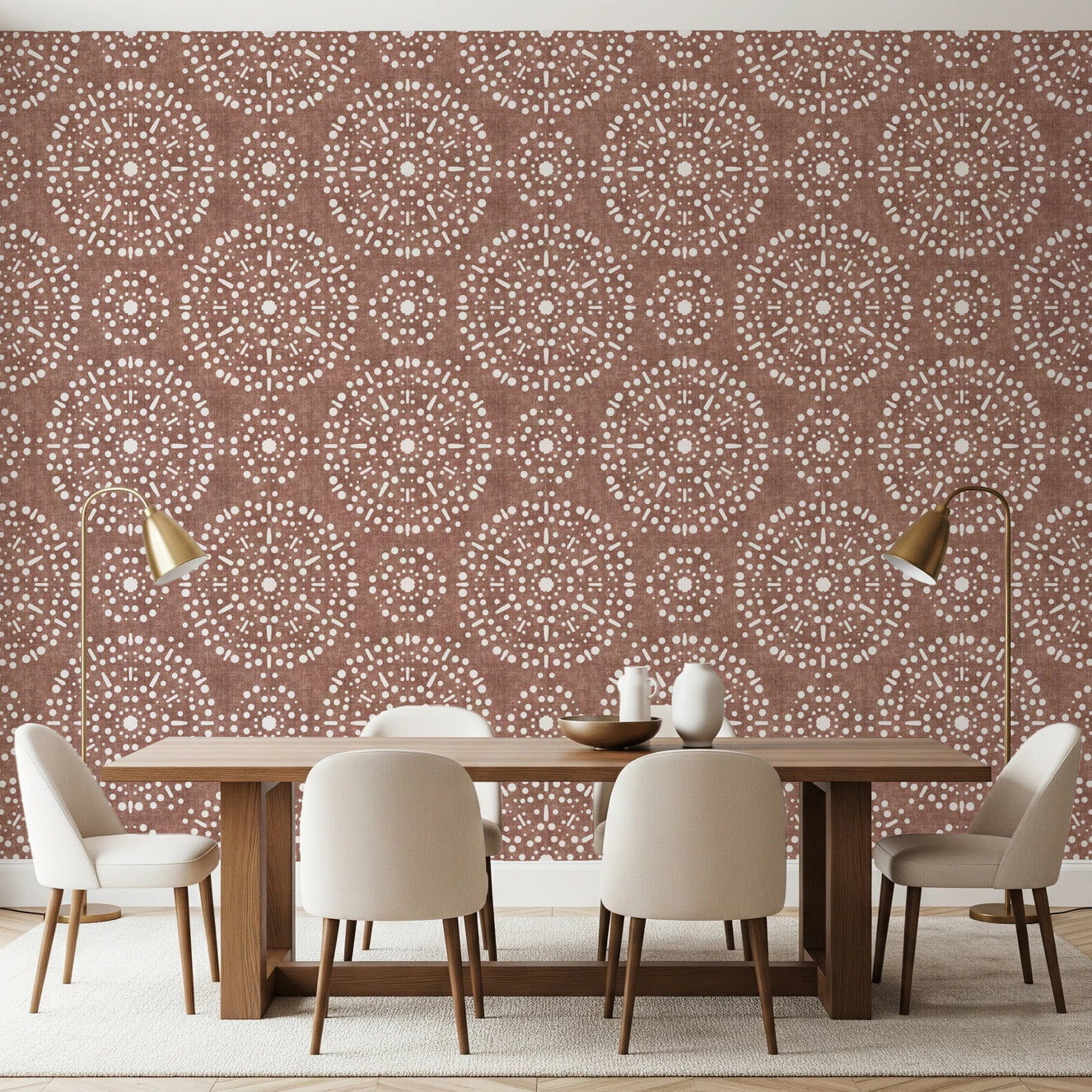 dining room with Boho Fireworks Wallpaper in warm terracotta tone