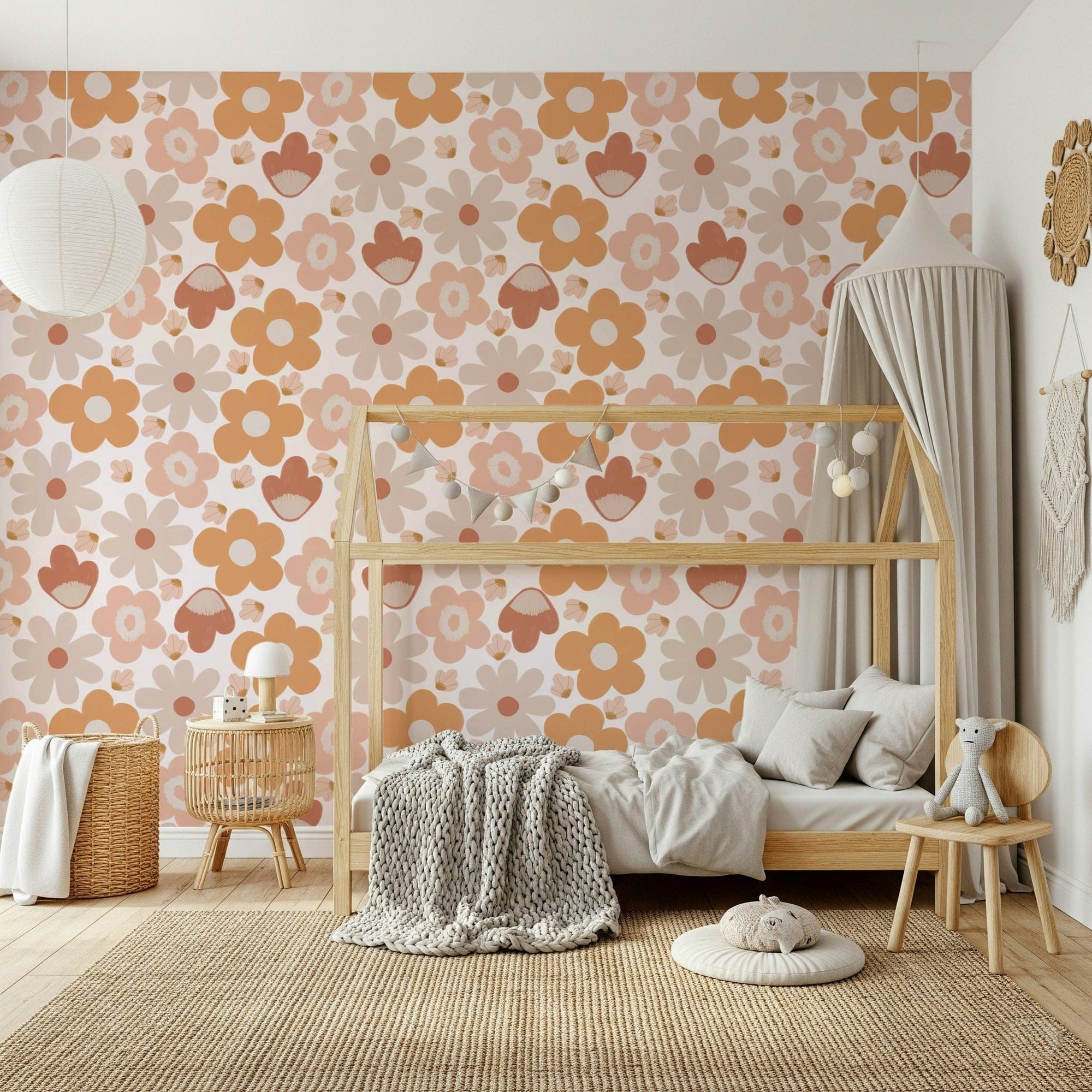 Peach, tan, and rust blooms on Boho Floral Dreams wallpaper for walls., GD6548