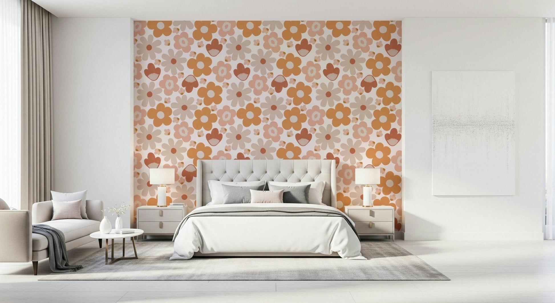 Boho Floral Dreams wall mural with creative floral shapes and earthy palette.

