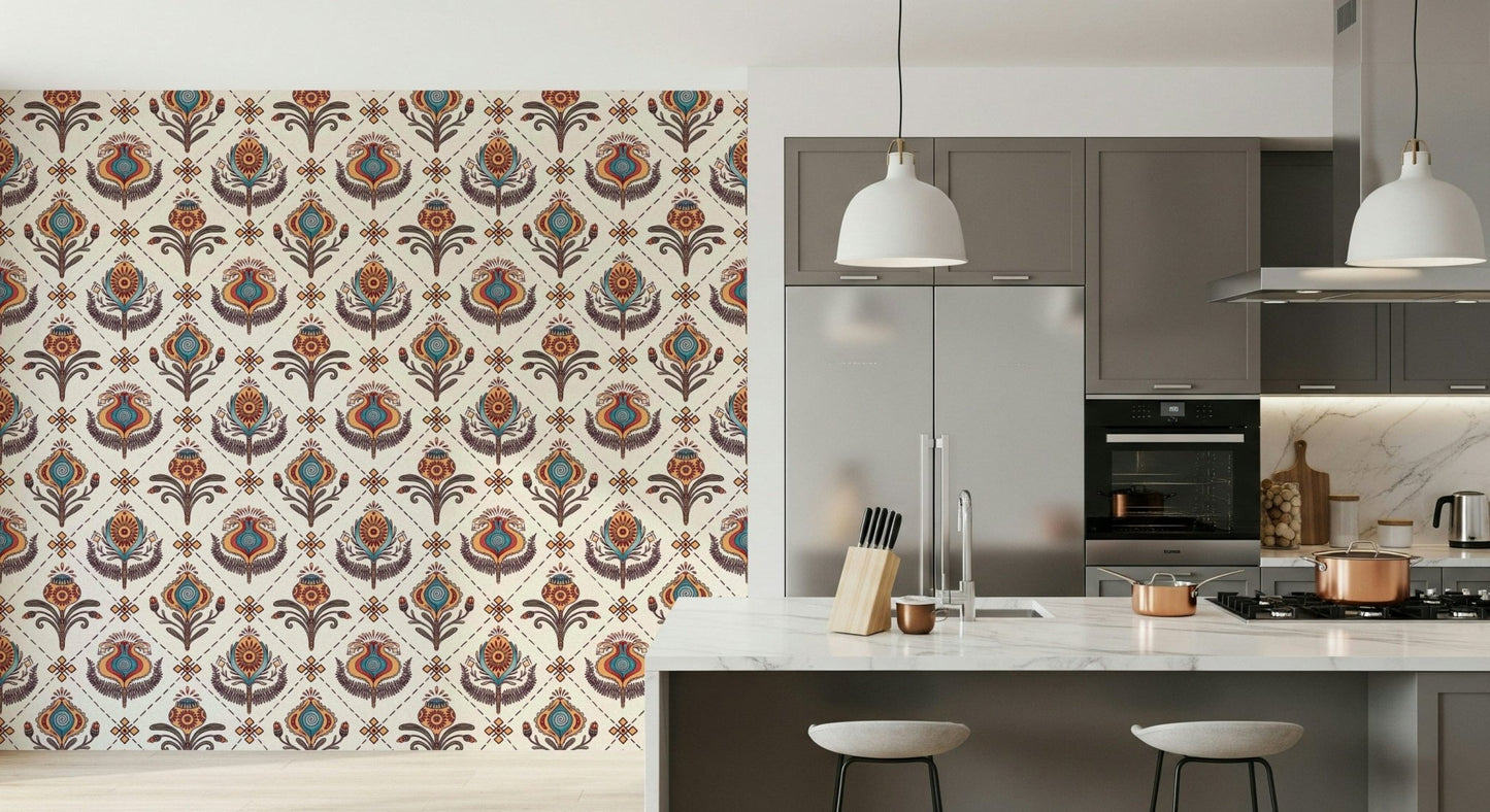 Idiosyncratic Boho Floral Grid Wallpaper. Droll geometric.