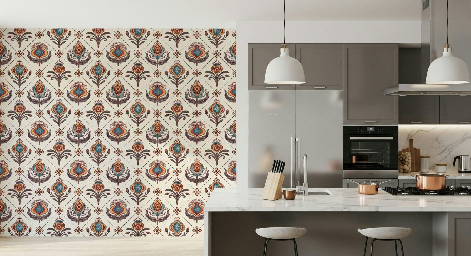 Idiosyncratic Boho Floral Grid Wallpaper. Droll geometric.