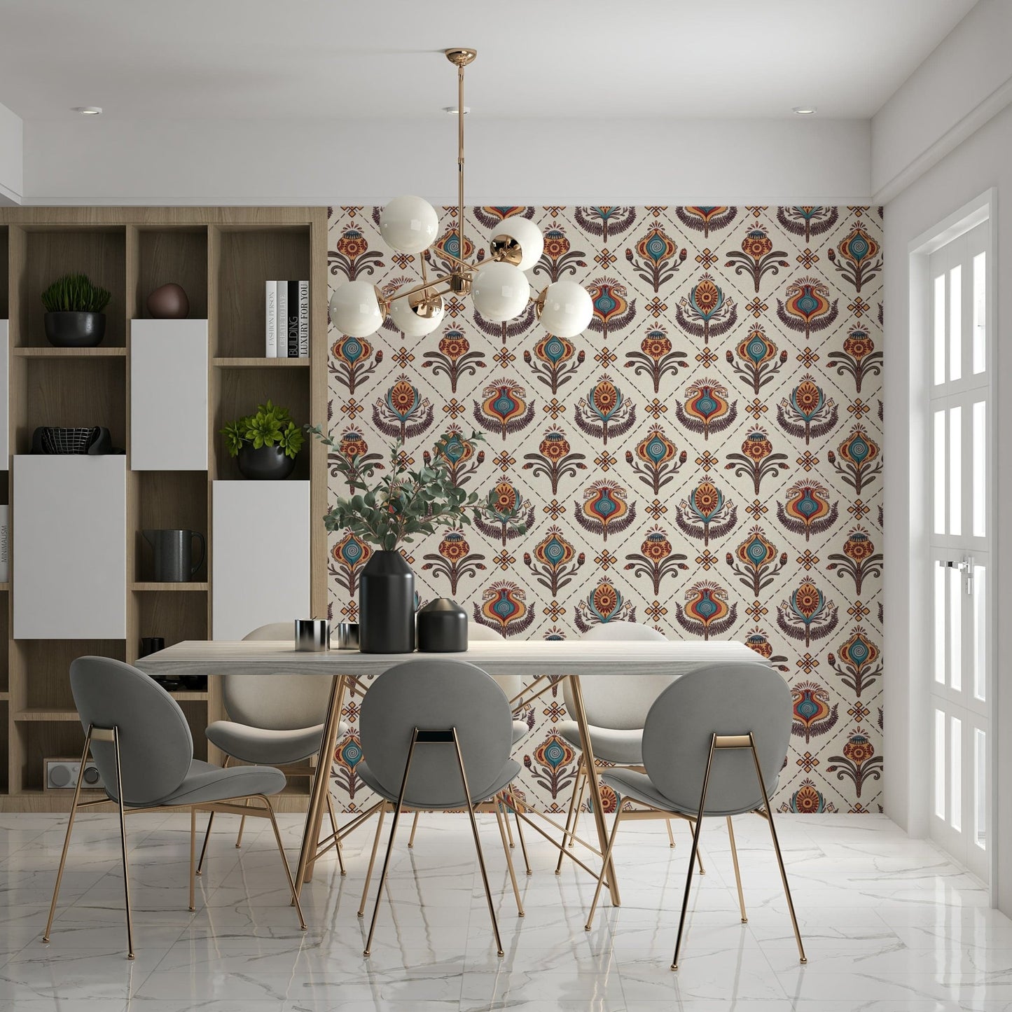 Atypical Boho Floral Grid Wallpaper. Fluky blossoms, wall covering.