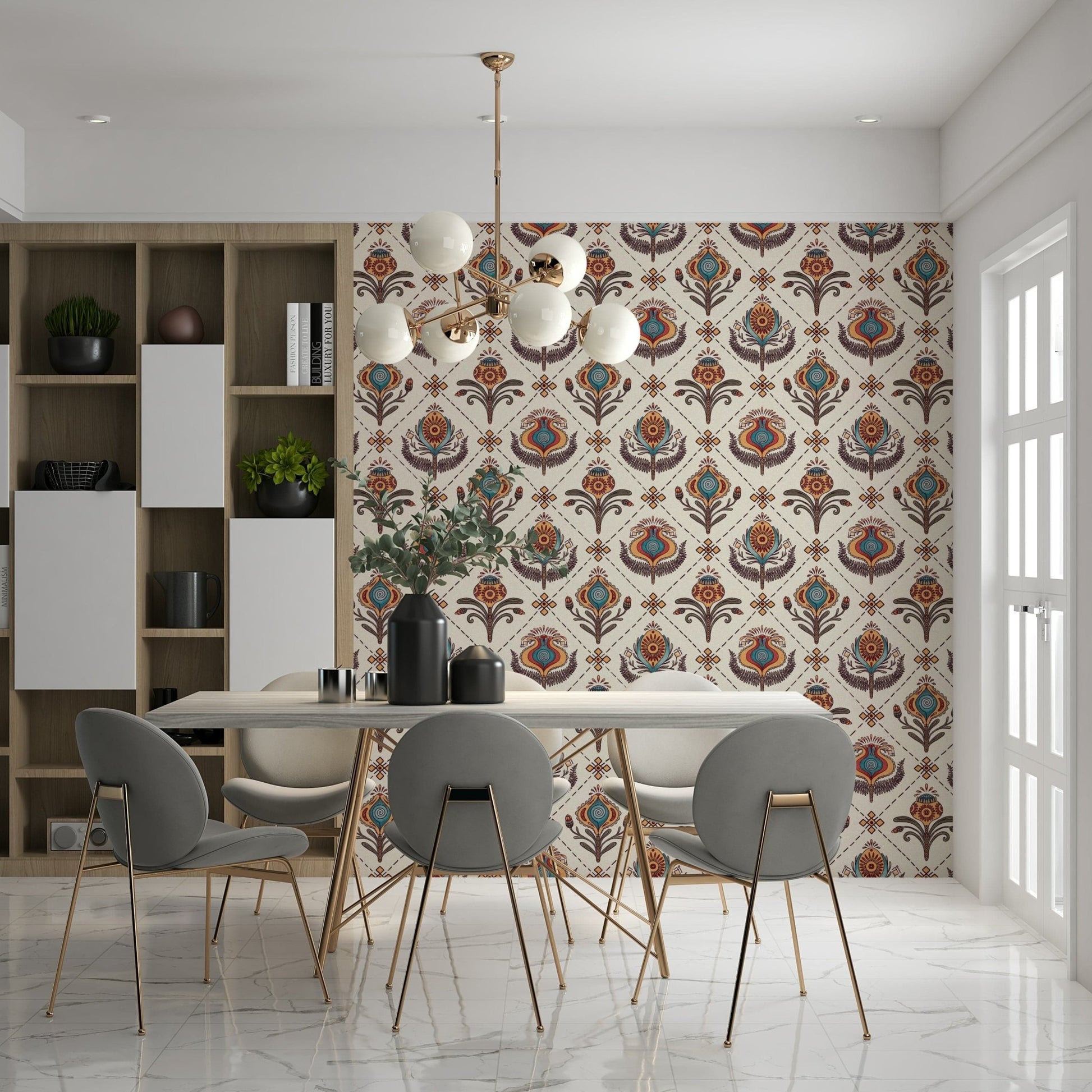 Atypical Boho Floral Grid Wallpaper. Fluky blossoms, wall covering.