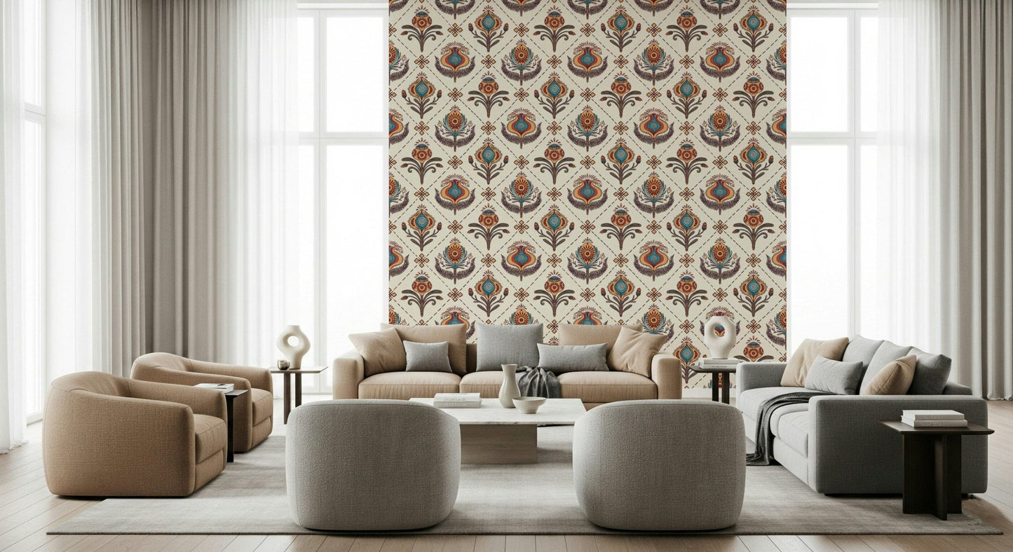Arcane Boho Floral Grid Wallpaper for walls. Abstract flora.