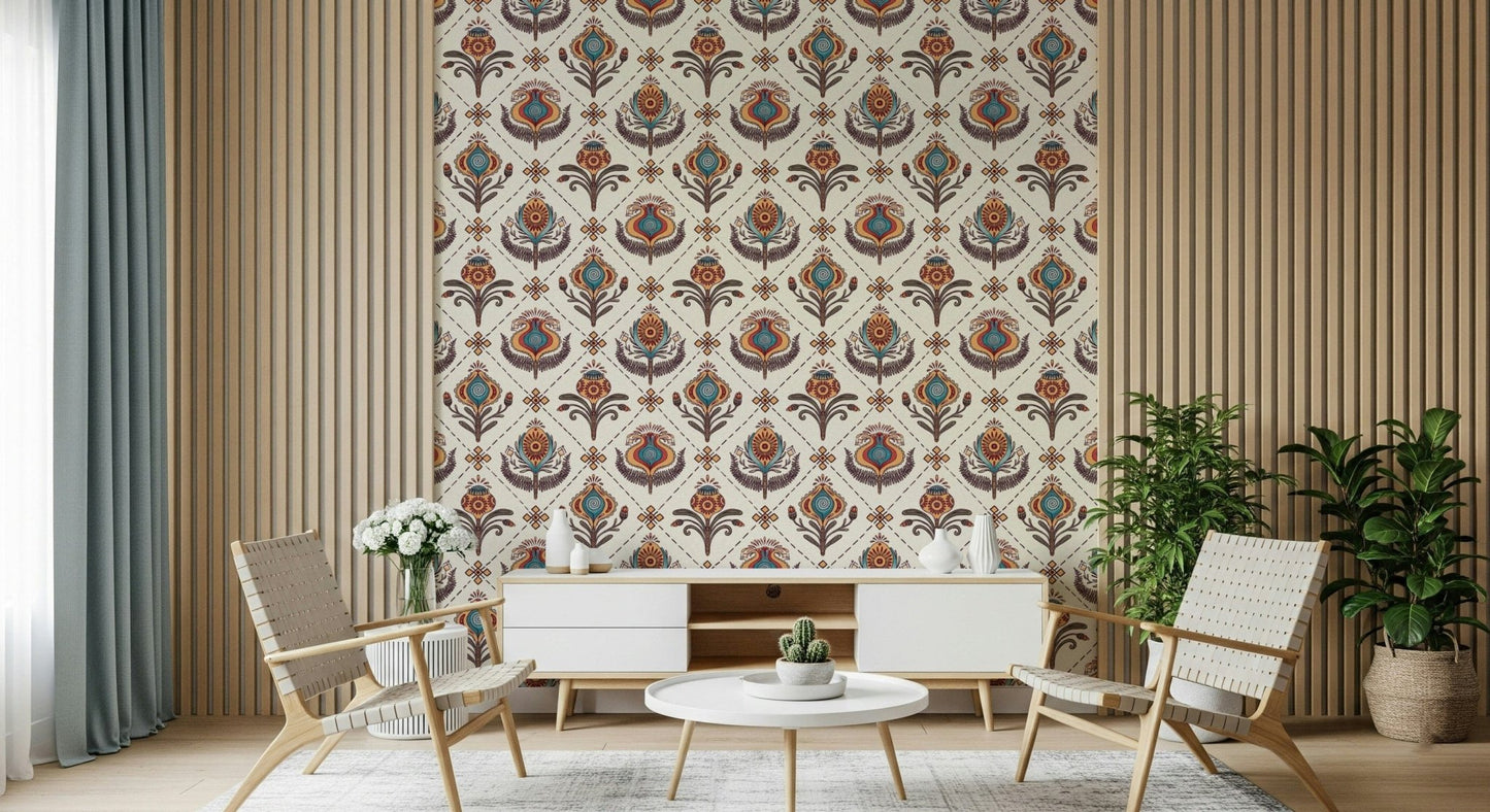 Enigmatic Boho Floral Grid Wallpaper. Ornate blooms, chic decor.