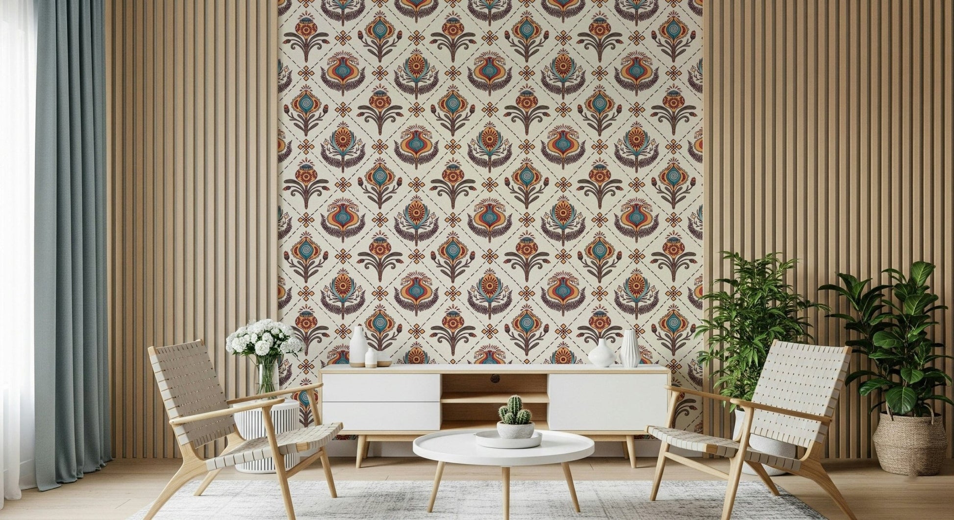 Enigmatic Boho Floral Grid Wallpaper. Ornate blooms, chic decor.