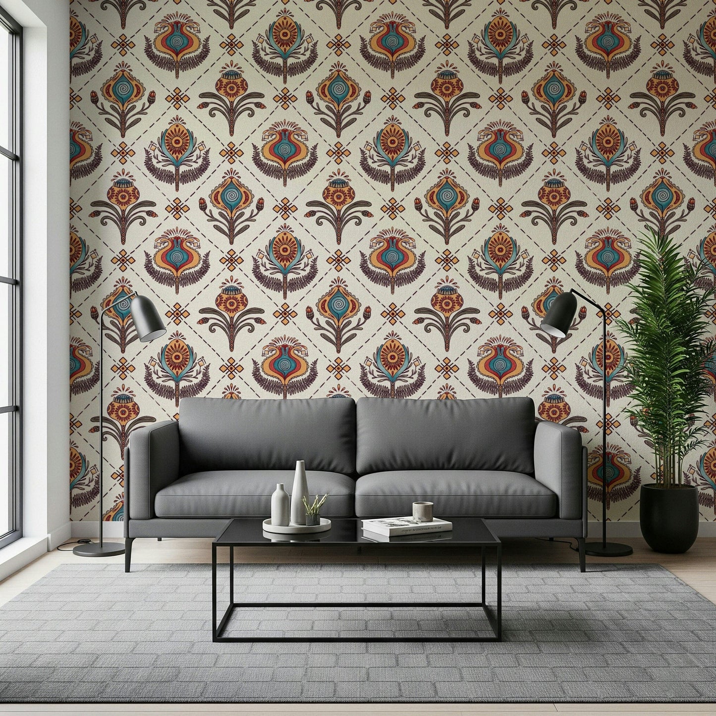 Singular Boho Floral Grid Wallpaper, odd floral motif.