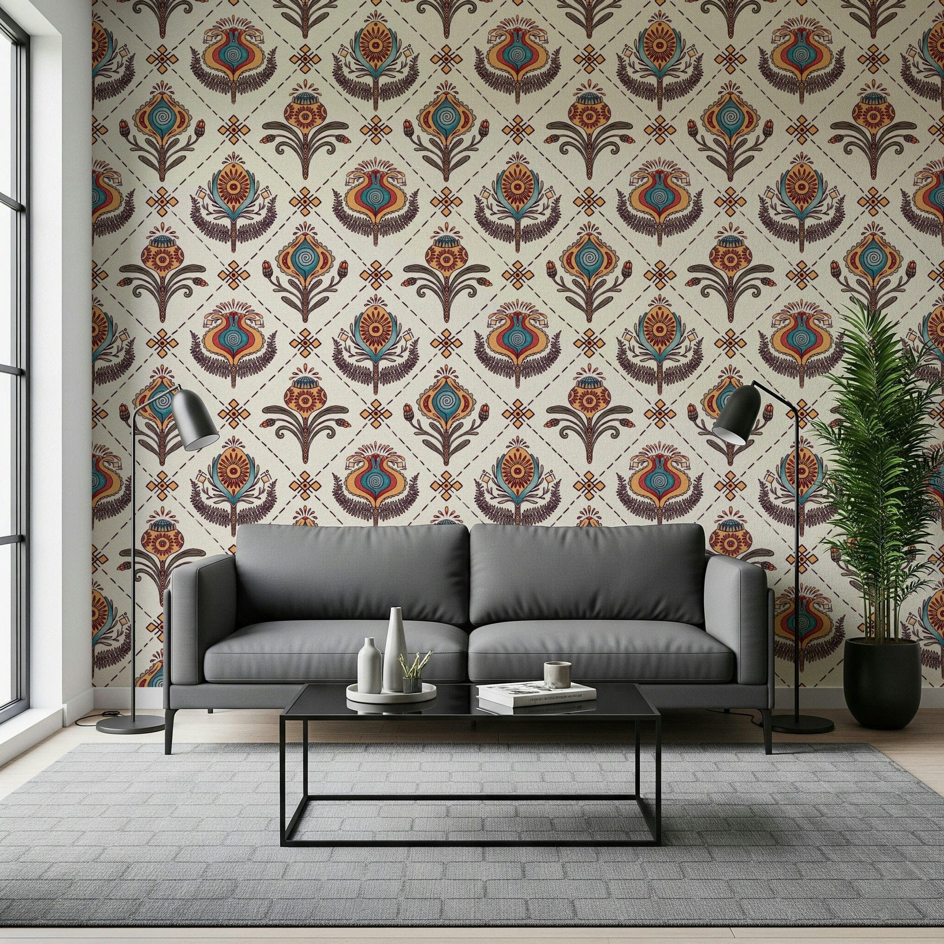 Singular Boho Floral Grid Wallpaper, odd floral motif.