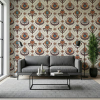 Singular Boho Floral Grid Wallpaper, odd floral motif.