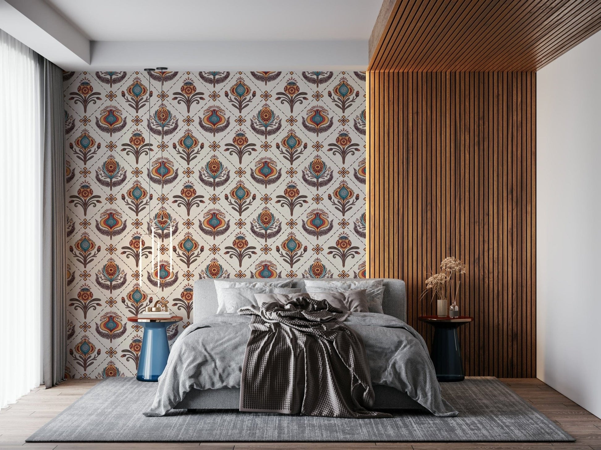 Wallpaper mural Whimsical Boho Floral Grid, ethnic blossoms.