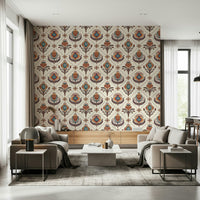 Boho Floral Grid Wallpaper Exotic blooms, mystical pattern, wall mural.