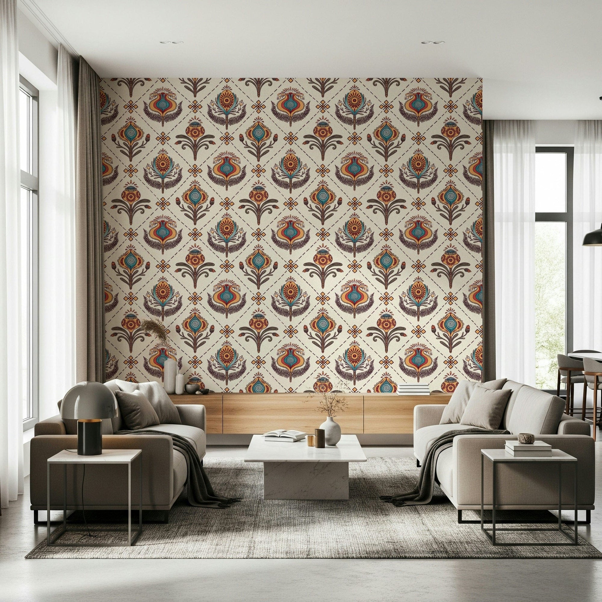 Boho Floral Grid Wallpaper Exotic blooms, mystical pattern, wall mural., GD6630
