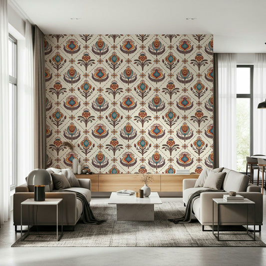 Boho Floral Grid Wallpaper Exotic blooms, mystical pattern, wall mural.