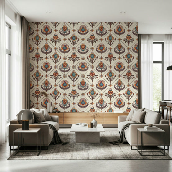 Boho Floral Grid Wallpaper Exotic blooms, mystical pattern, wall mural., GD6630