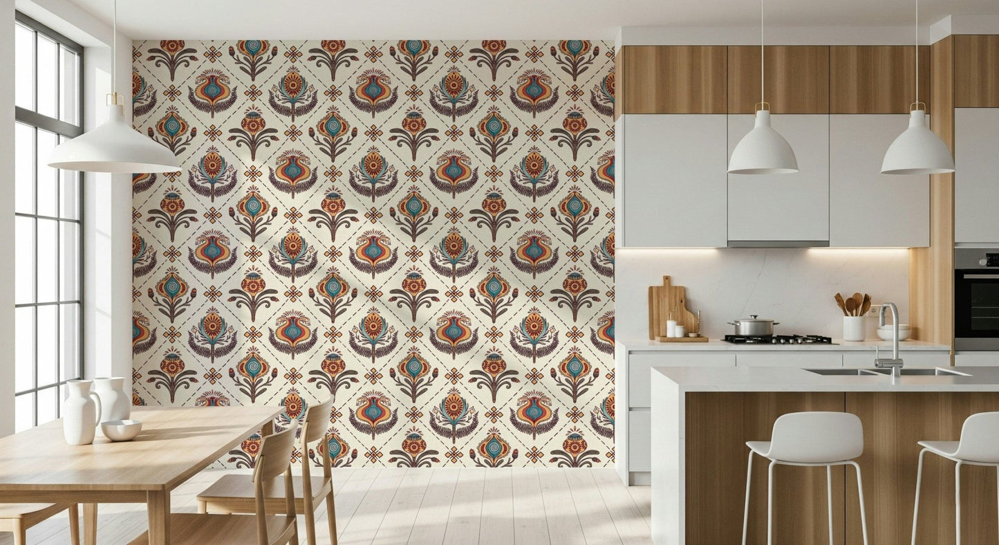 Peculiar Boho Floral Grid, unusual flowers on this mural.