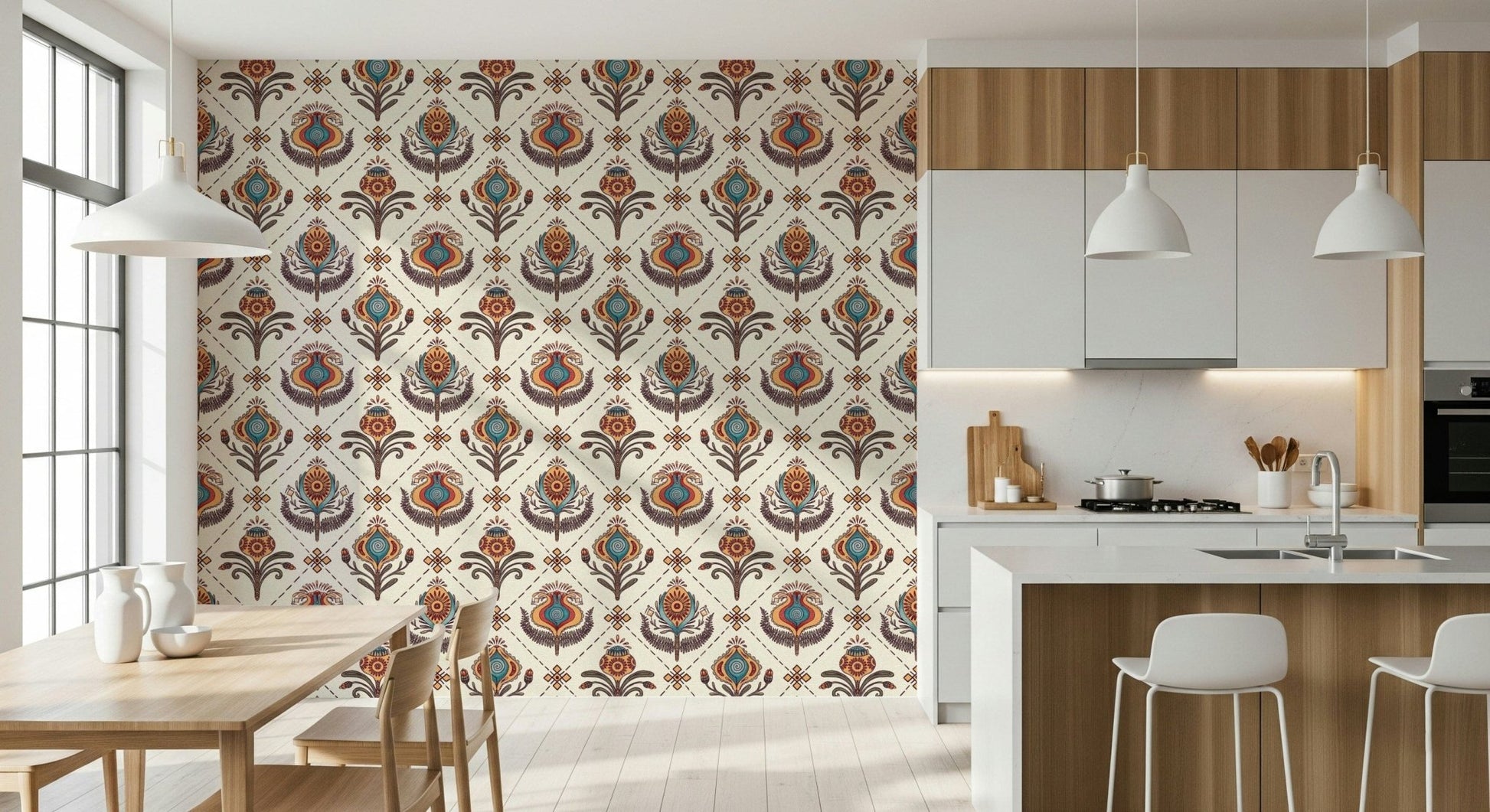 Peculiar Boho Floral Grid, unusual flowers on this mural.