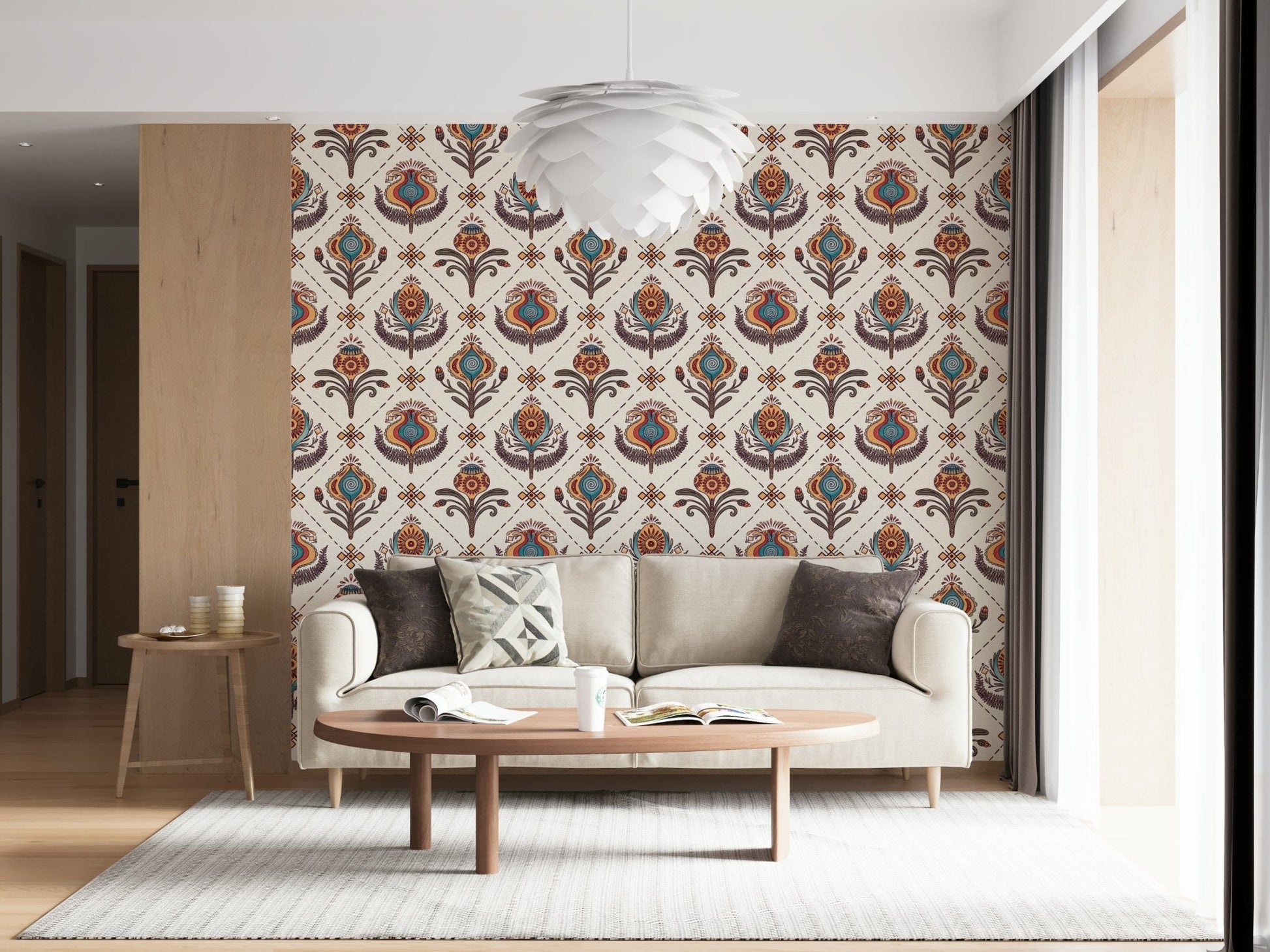 Rare Boho Floral Grid Wallpaper Outlandish blooms, unique mural.