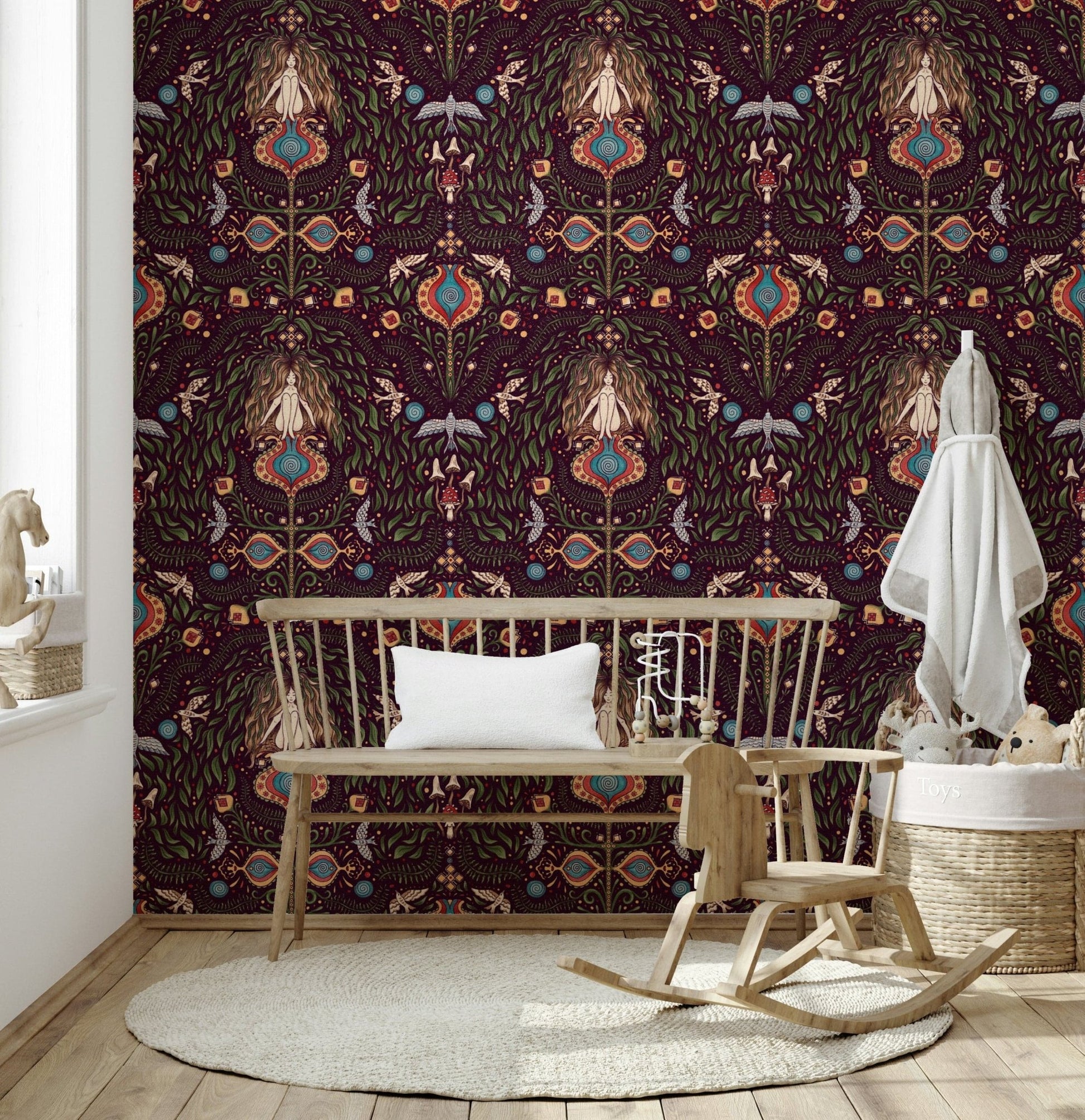 Shamanic, nature, birds, Boho Forest Dream wallcovering.