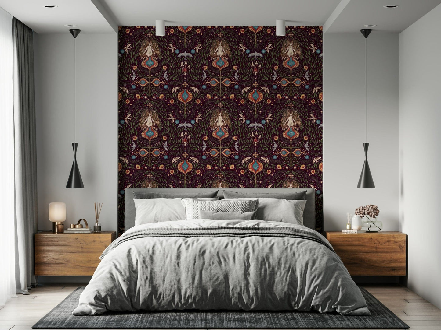 Forest Dream bohemian goddess patterned wallpaper.