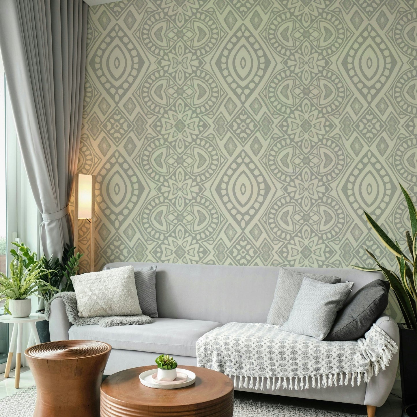The colors are soft and serene, with neutral grey and beige tones.

