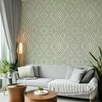 The colors are soft and serene, with neutral grey and beige tones.

