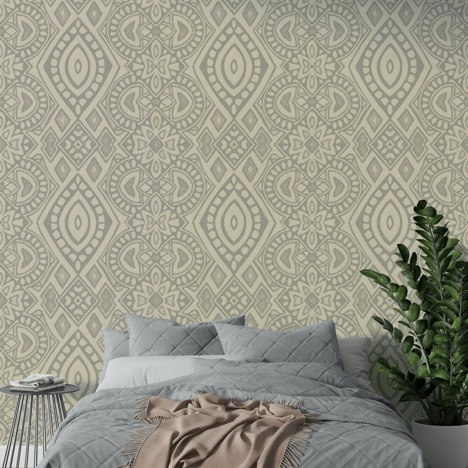 The wallpaper is installed in a modern, eclectic living room.

