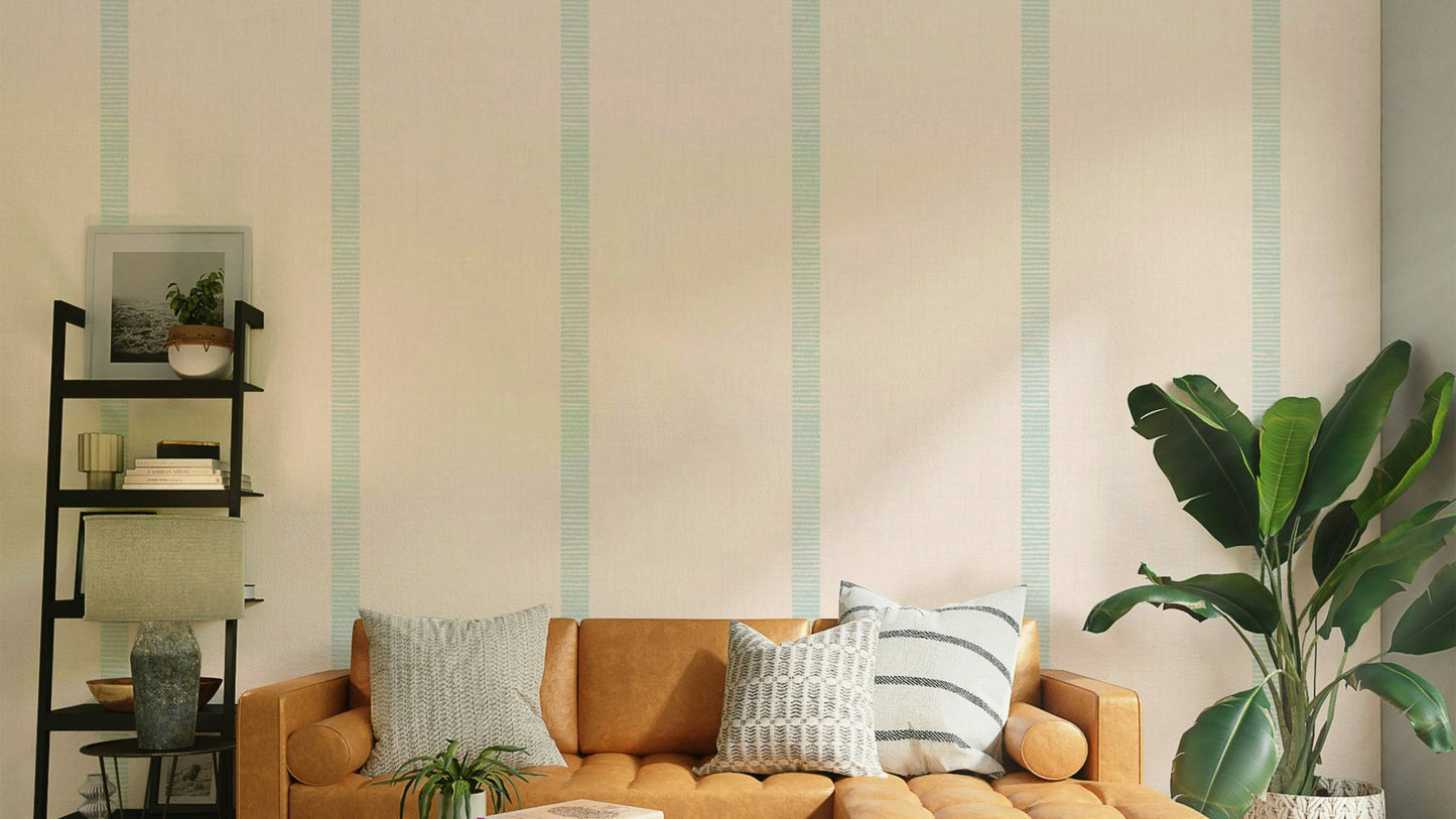 Beige wallpaper golden soft blue stripes pattern

