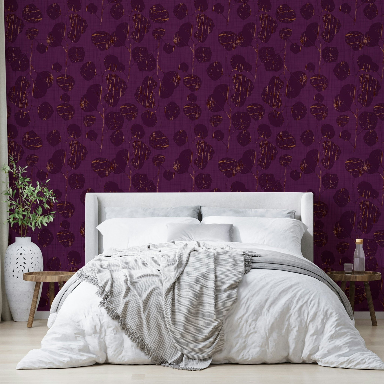A beautiful boho floral wallpaper mural with purple accents.