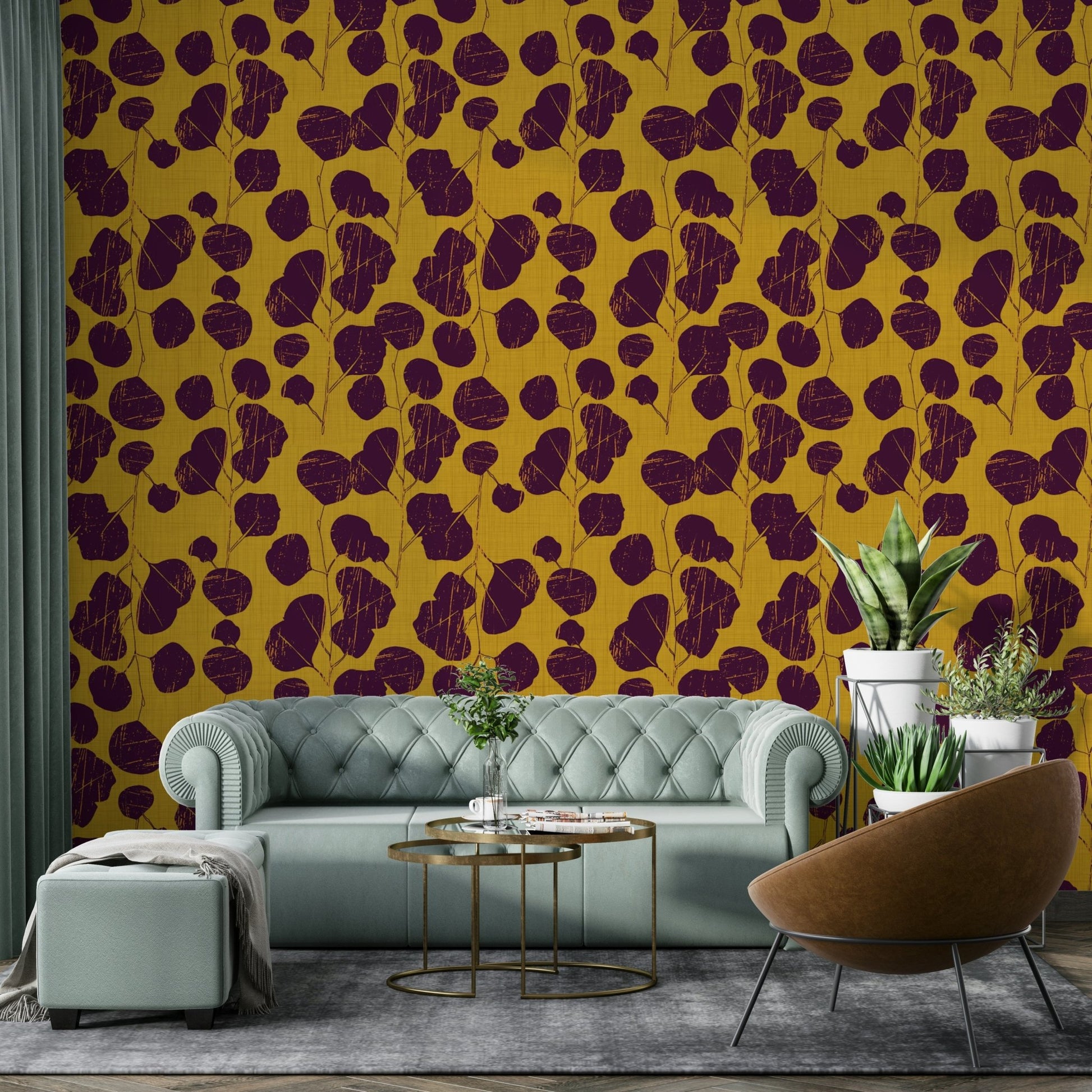 A beautiful boho floral wallpaper mural with mustard accents.

