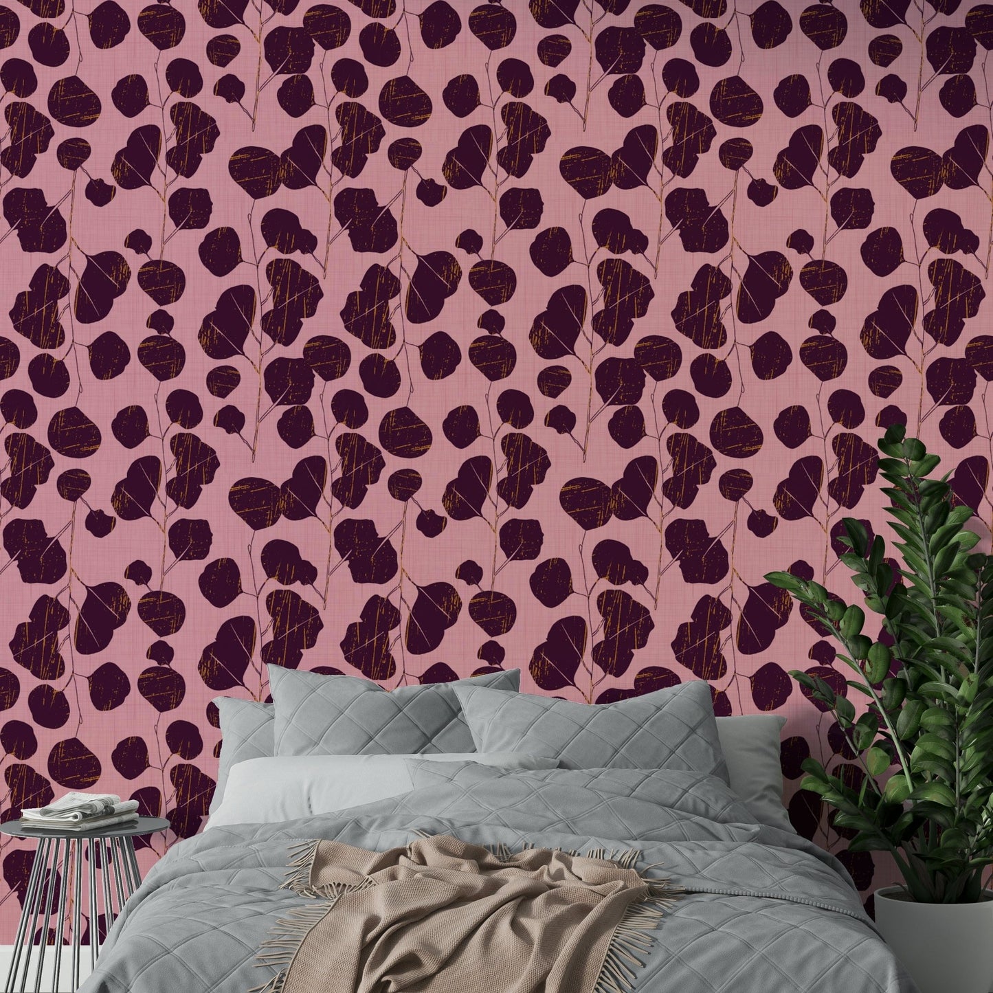 An elegant plum leaf wall mural for bohemian decor.

