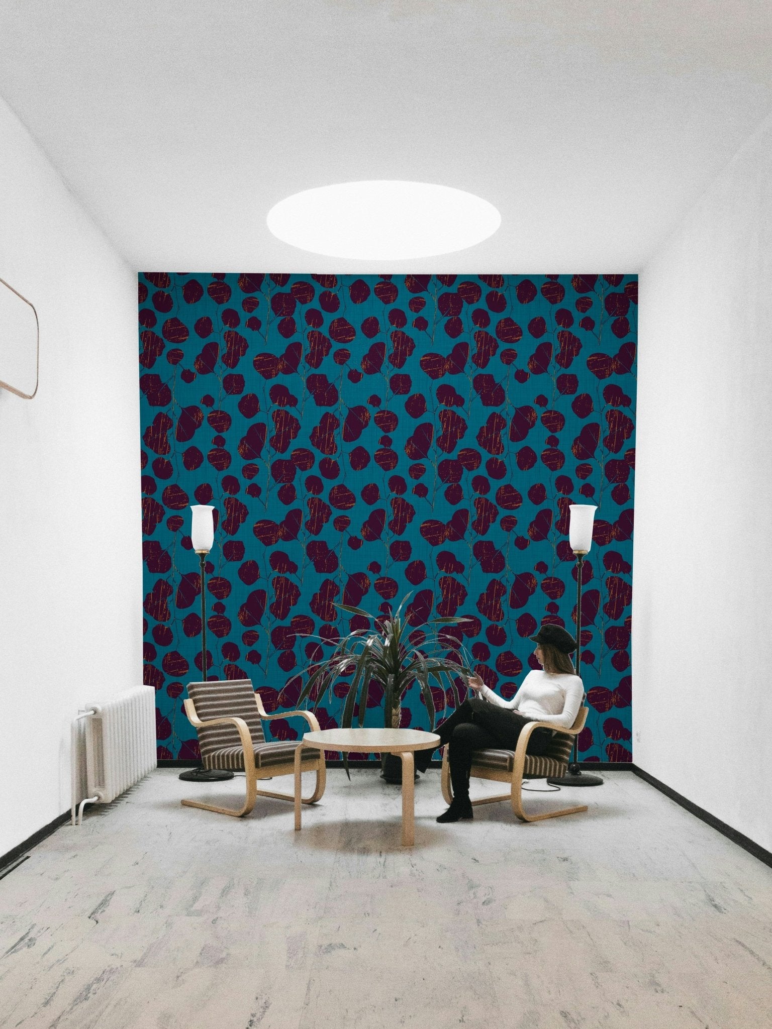 A beautiful boho floral wallpaper mural with teal accents., GD4591