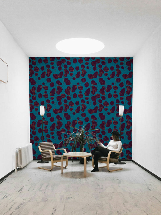 A beautiful boho floral wallpaper mural with teal accents., GD4591