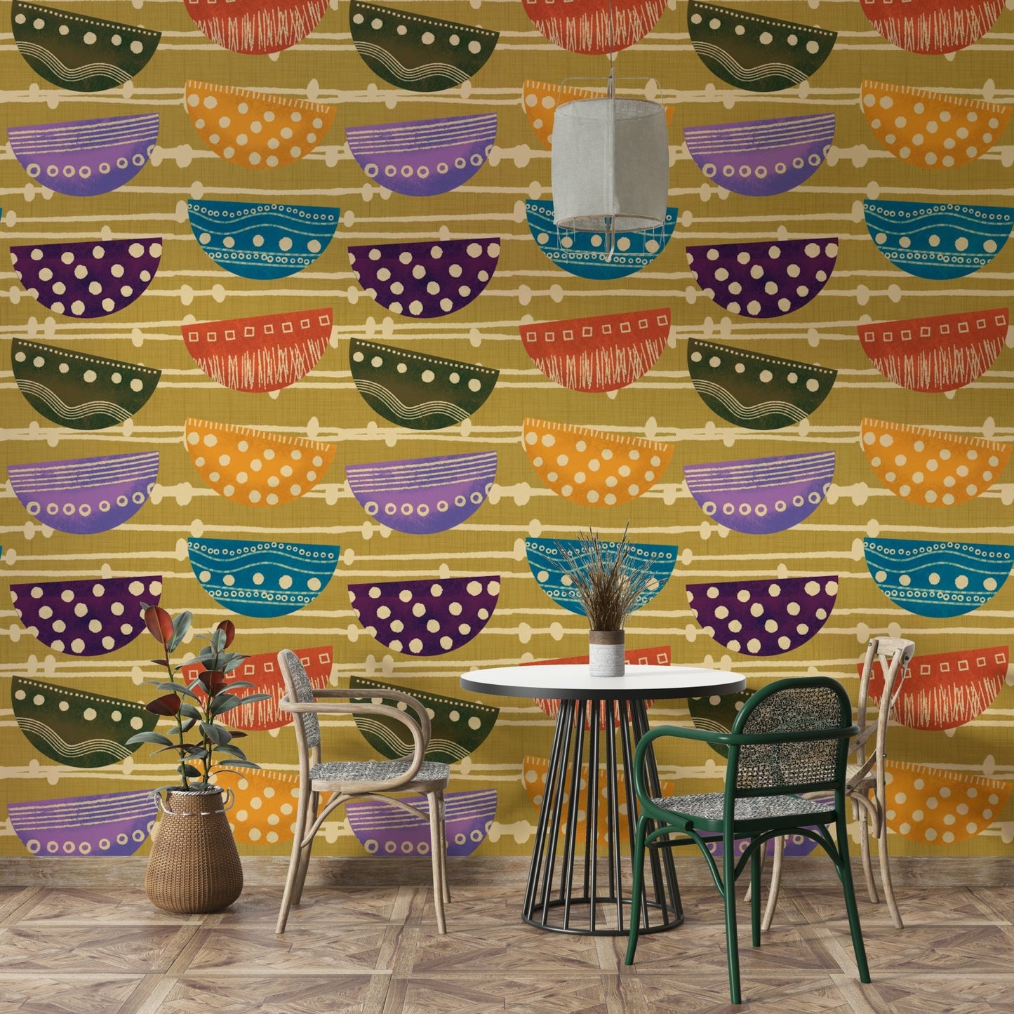 A bohemian retro pattern mural on decorative wallpaper.

