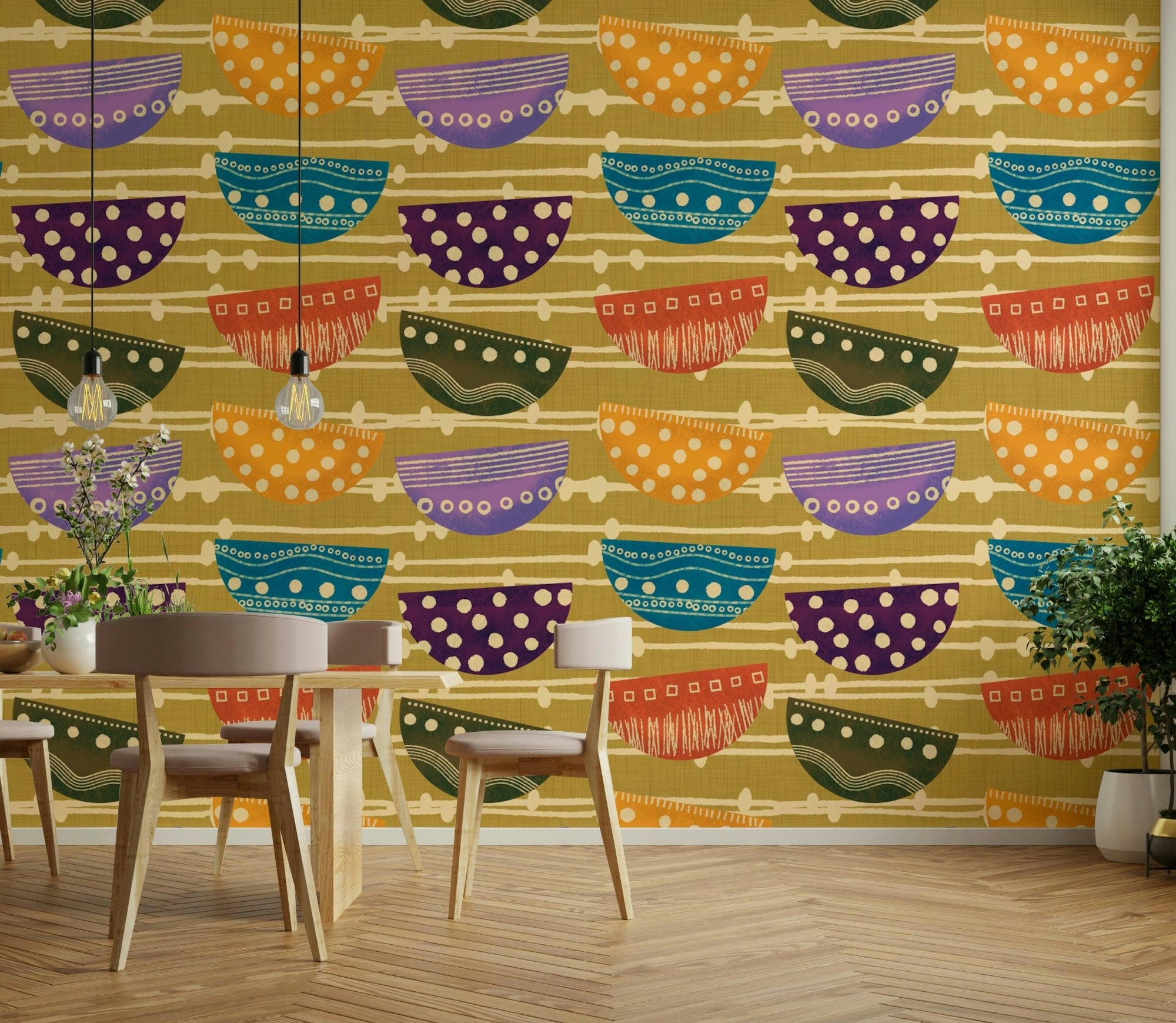 A beautiful retro bowls wallpaper mural in a mustard tone., GD4588