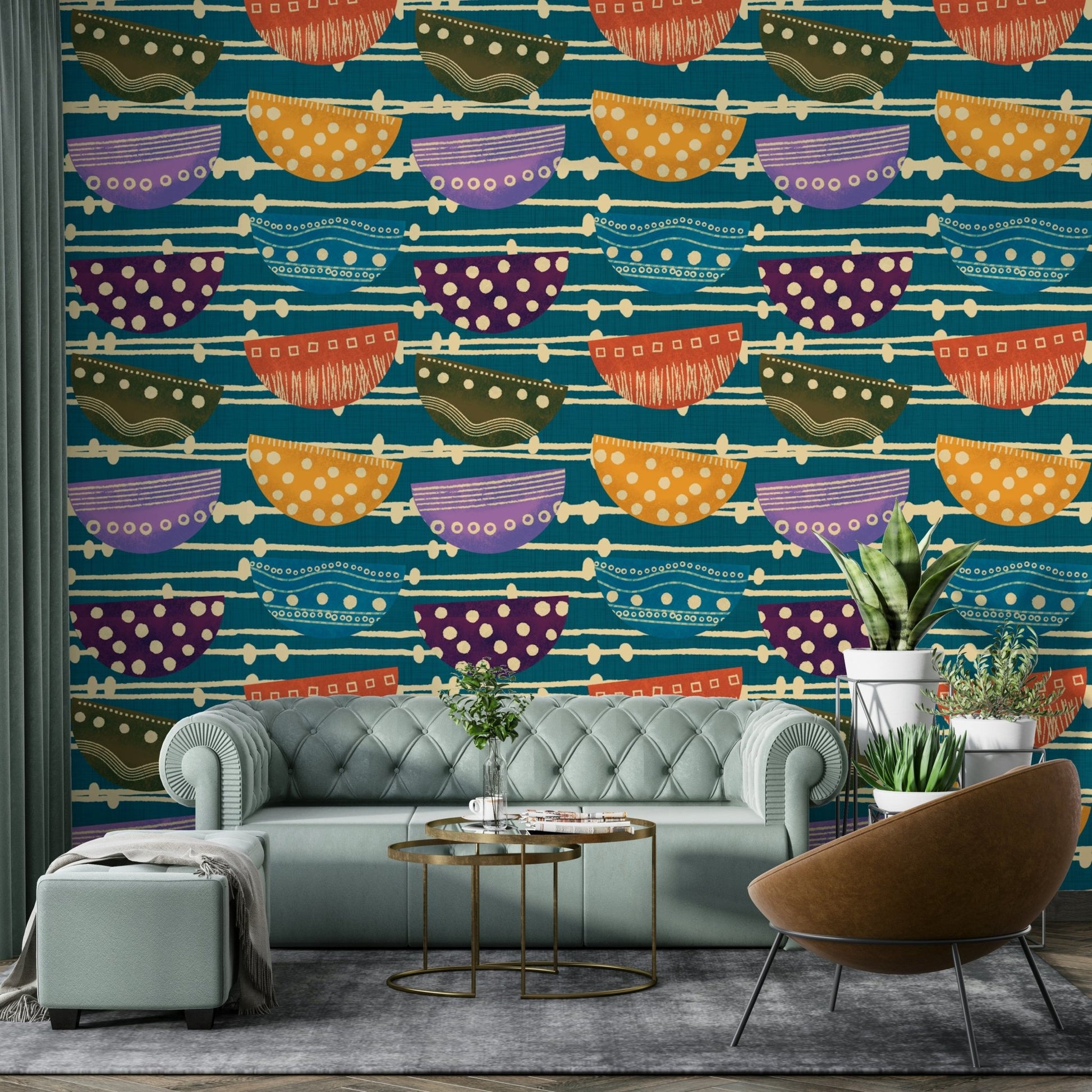 A graceful teal abstract wall mural in rich, dark tones.

