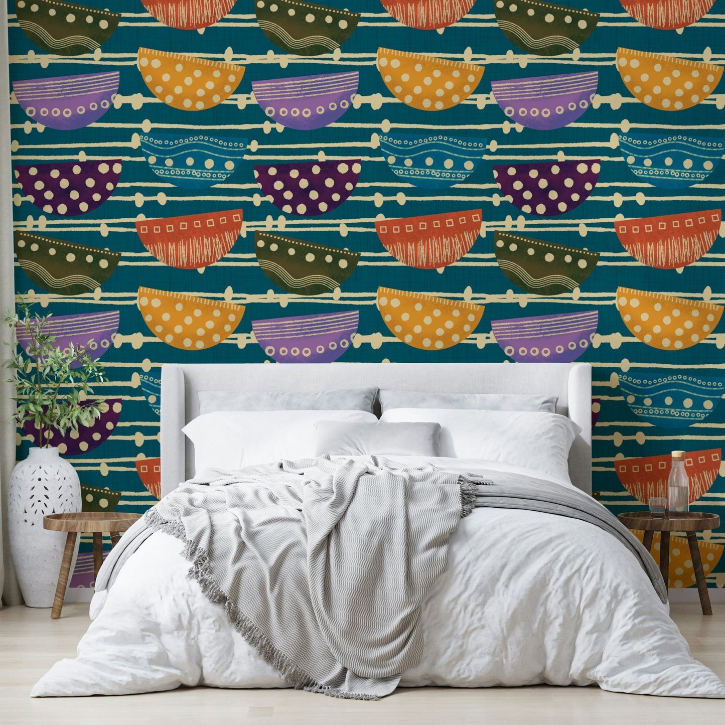 A playful abstract bowl mural for stylish wallpaper.

