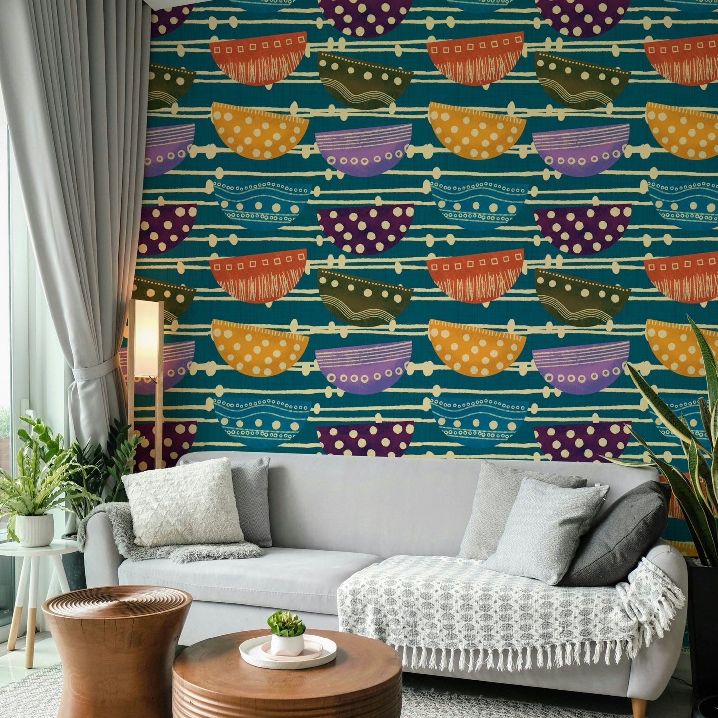 A bohemian retro bowl mural on decorative wallpaper.

