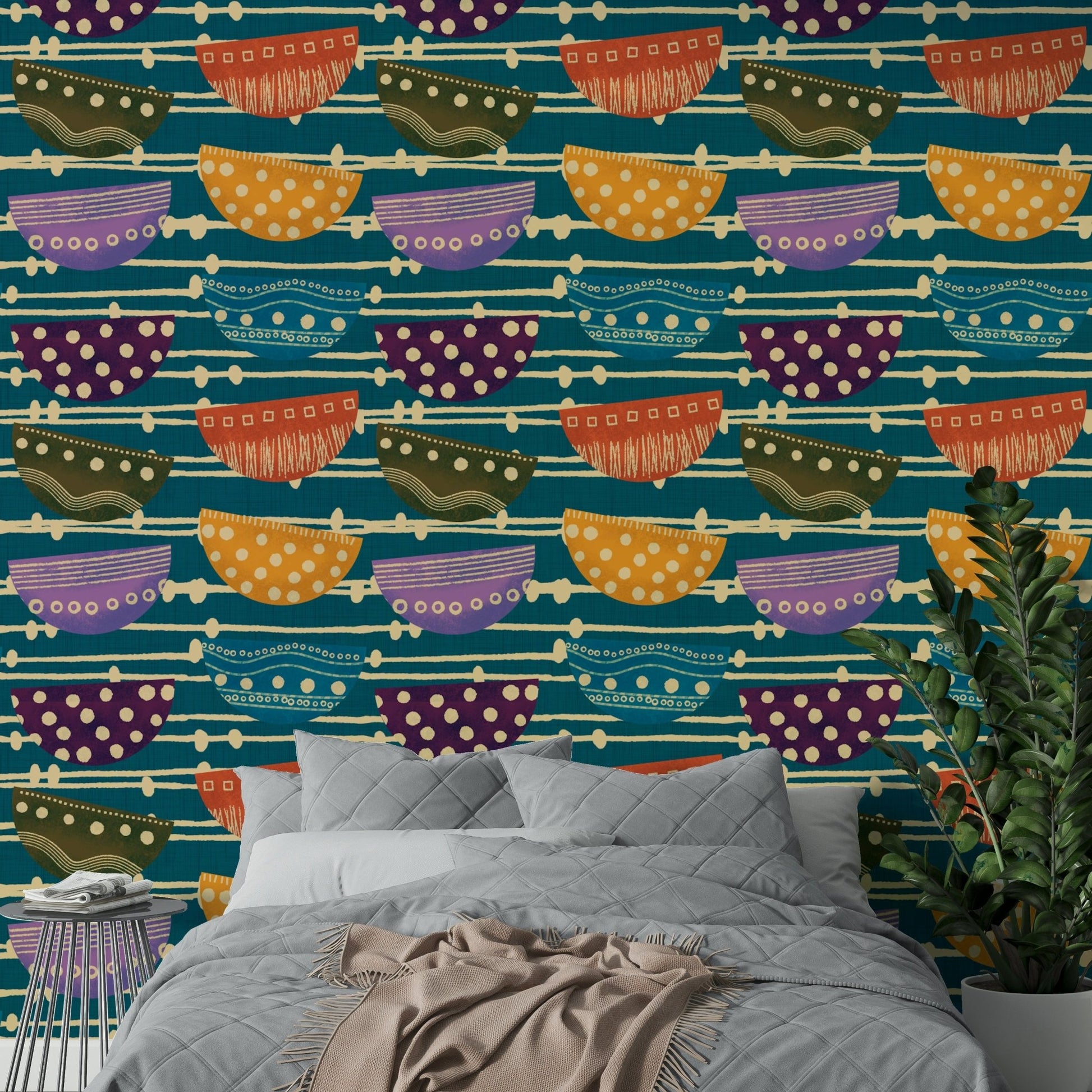 A classic mid-century wallpaper for walls with teal colors.

