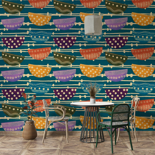A beautiful retro bowl pattern wallpaper mural in teal.

