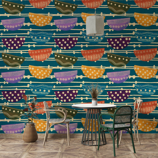 A beautiful retro bowl pattern wallpaper mural in teal., GD4587
