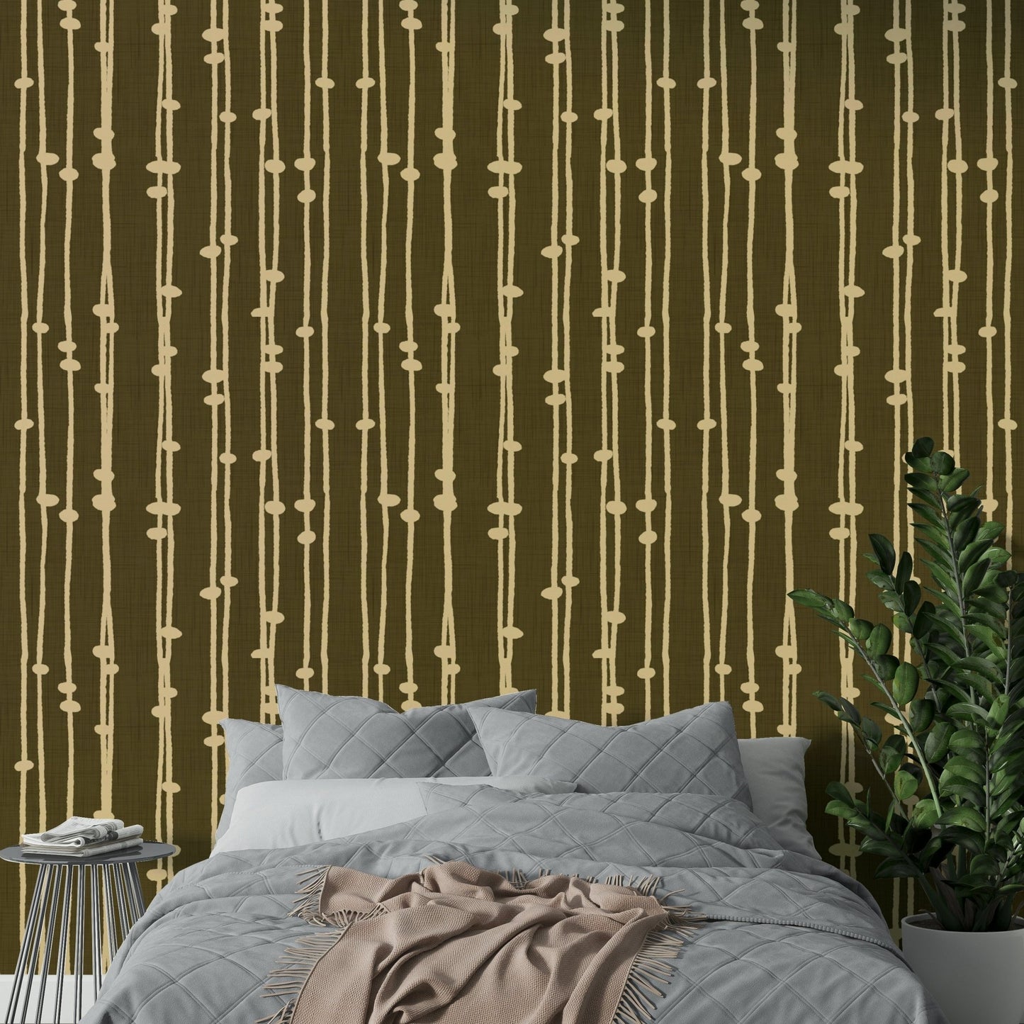 A contemporary living room with a boho striped wall mural.

